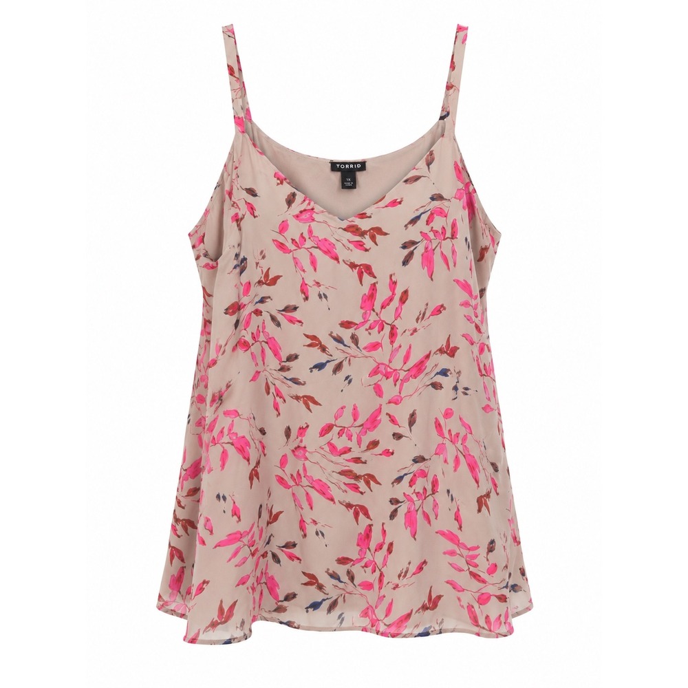 Torrid Pink Leaf Print Georgette V Neck Cami Tank Plus Size 1X Adjustable Straps